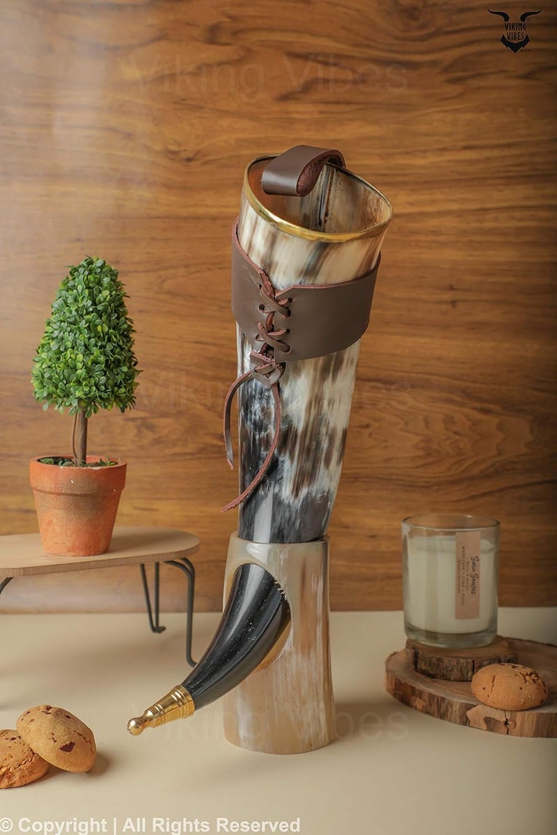 Loop Viking Vibes by Loop Viking Drinking Horn Beer Mug with Stand Genuine Handcrafted Vikings Horn for Beer Original Horn Mug with Stand Leather Strap Metal Tip Polished Finish with Horn Stand 1000 ML 33 OZ - Image 3