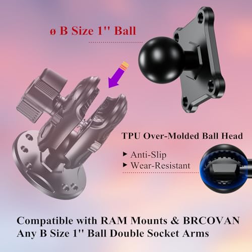 BRCOVAN 1'' Ball Mount Base with Aluminum Alloy 4-Hole AMPS Square Plate Compatible with RAM Mounts B Size 1 Inch Ball Double Socket Arm - Image 4
