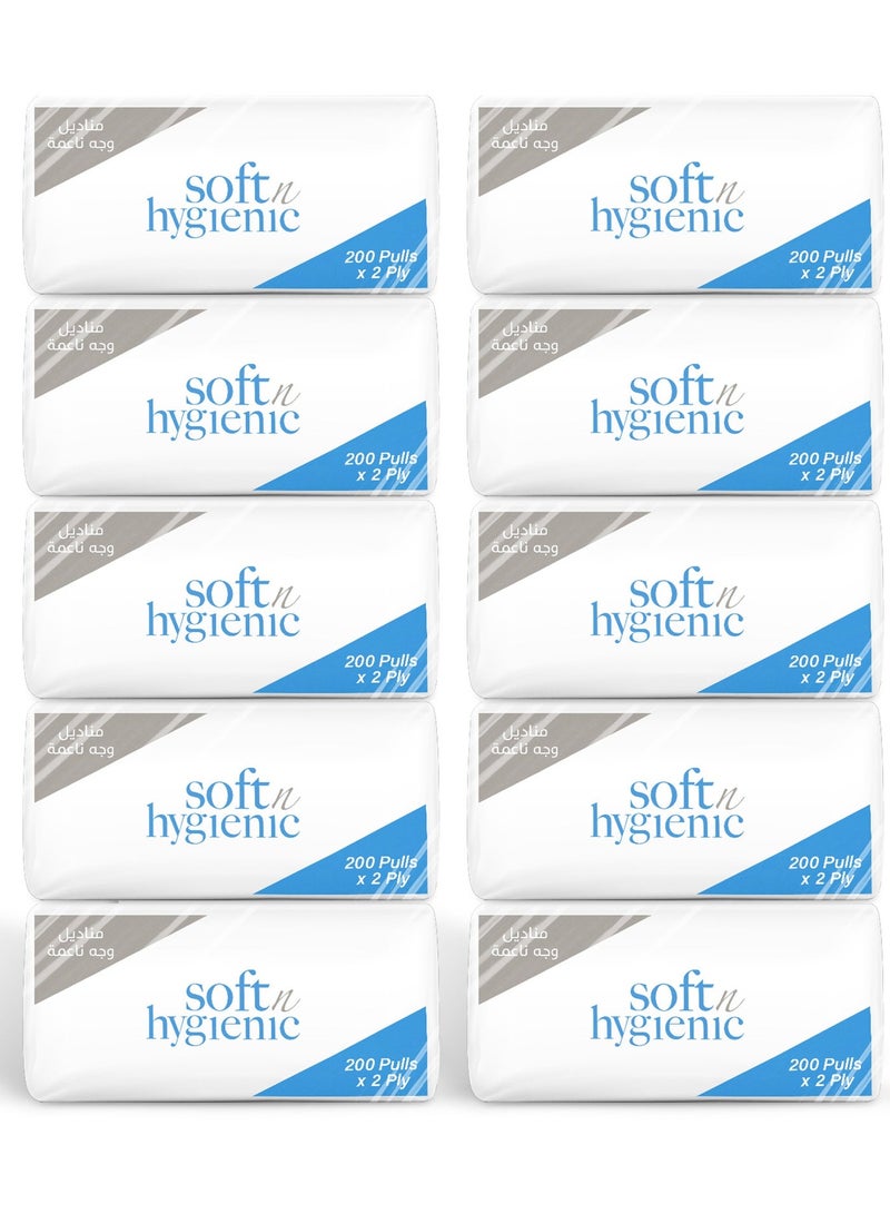 إس إن إتش باكينج مناديل وجه **Soft N Hygienic Nylon**، **عبوة من 10 علب**، تحتوي كل علبة على **200 ورقة** ناعمة ومنفوشة، مع **تغليف نايلون** لكل عبوة. - Image 1