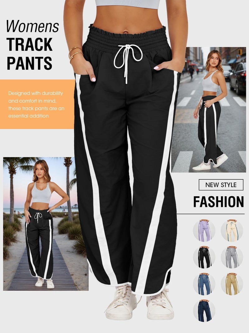 Fisoew Women's Baggy Wide Leg Pants Casual Drawstring Elastic Waisted Contrast Color Workout Y2K Track Pants Black - Image 4