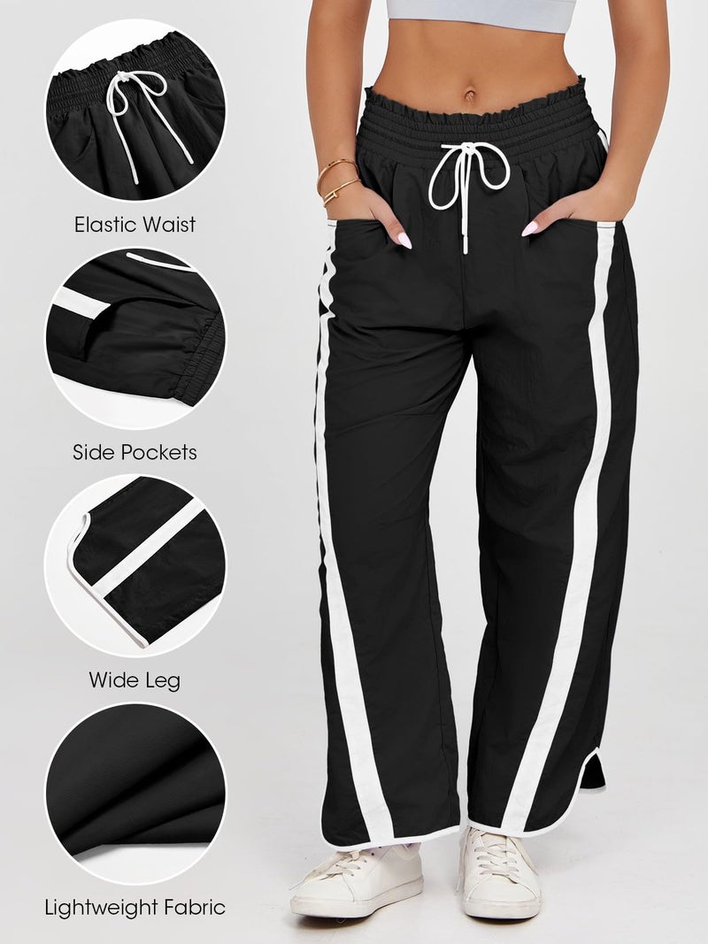 Fisoew Women's Baggy Wide Leg Pants Casual Drawstring Elastic Waisted Contrast Color Workout Y2K Track Pants Black - Image 3