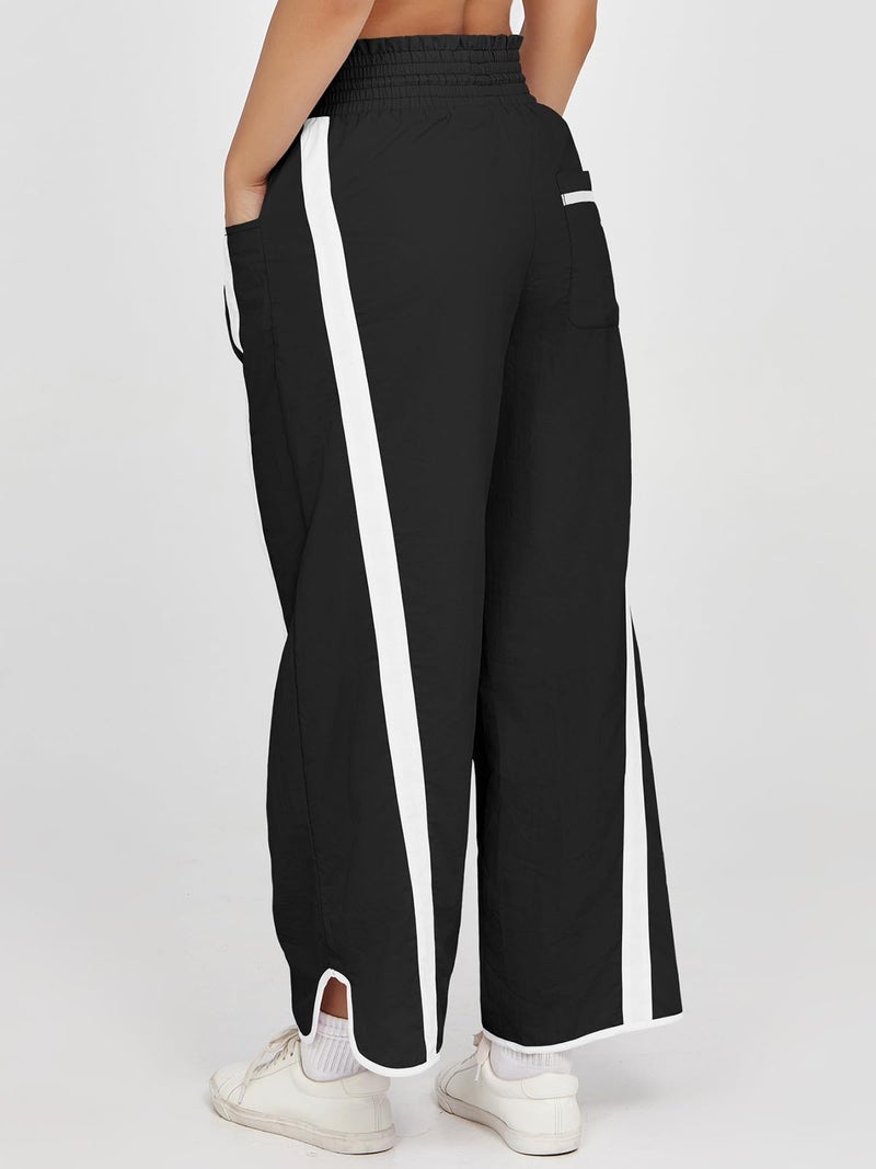 Fisoew Women's Baggy Wide Leg Pants Casual Drawstring Elastic Waisted Contrast Color Workout Y2K Track Pants Black - Image 5