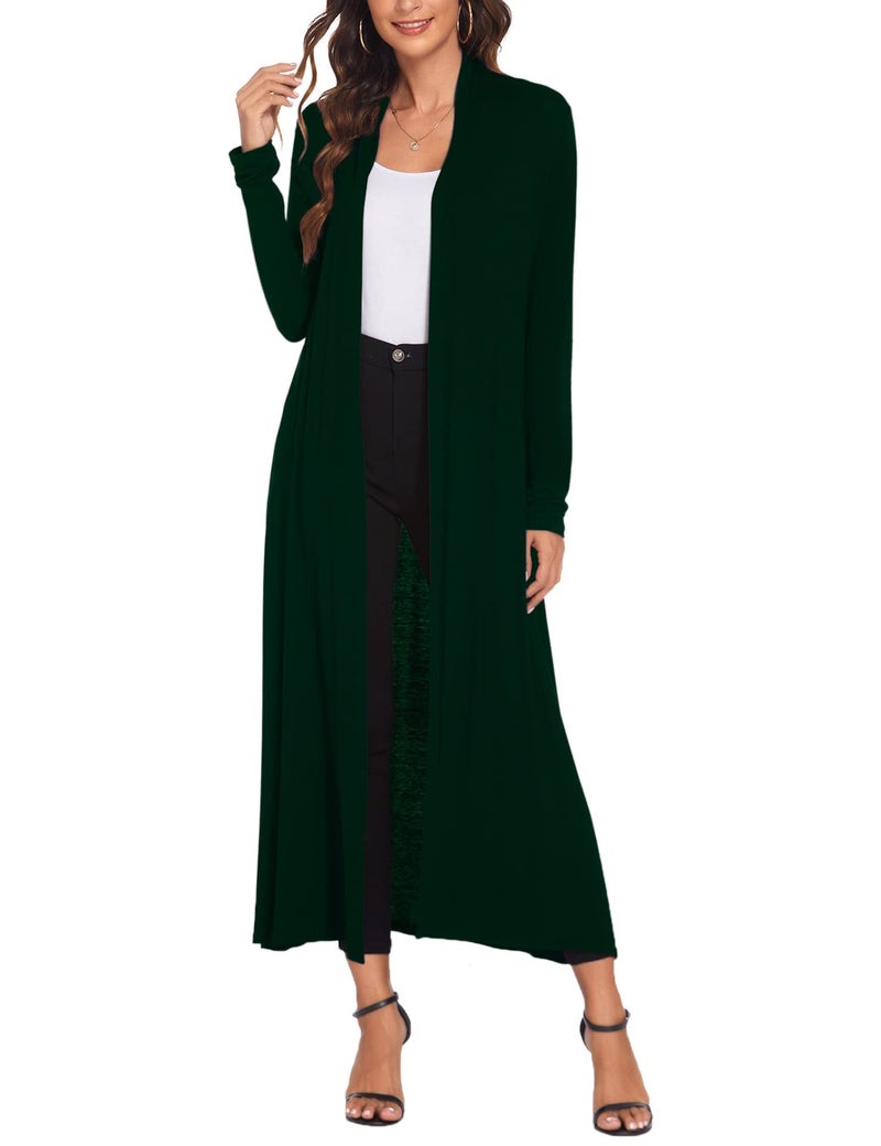 Bluetime Women Floor Length Open Front Cardigan Lightweight Long Sleeve Maxi Duster with Pockets (L, Dark Green) - Image 2