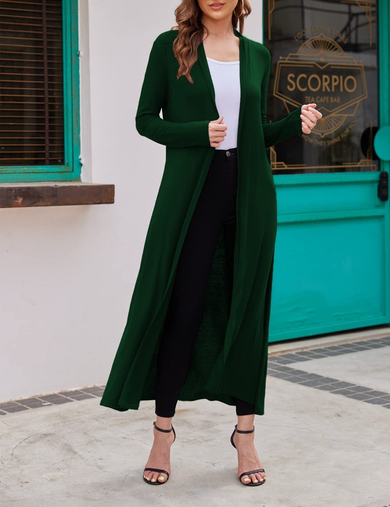 Bluetime Women Floor Length Open Front Cardigan Lightweight Long Sleeve Maxi Duster with Pockets (L, Dark Green) - Image 3