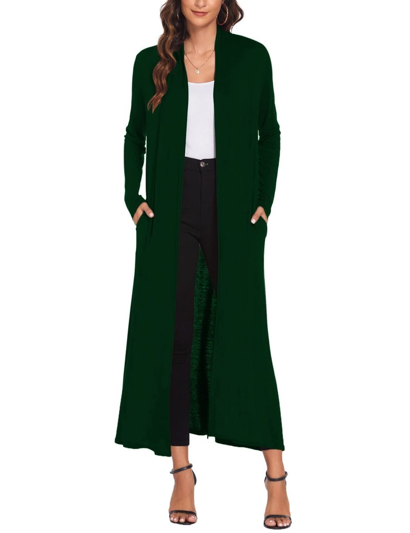 Bluetime Women Floor Length Open Front Cardigan Lightweight Long Sleeve Maxi Duster with Pockets (L, Dark Green) - Image 1