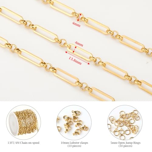 KYUNHOO 13 Feet Stainless Steel Chain for Jewelry Making 4MM Wide Paperclip Chains Small Circle Link Chain Gold Jewelry Making Chains with Lobster Clasps and Jump Rings - Image 2