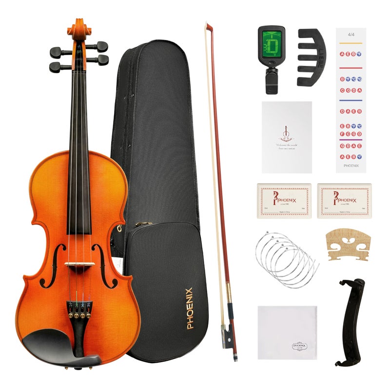 PHOENIX Violin 4/4 Full Size Set, Fiddle Solid Wood for professional Beginners Adults with Bow Extra strings & Bridge, 2 Rosins, Tuner, Mute, Case (Intermediate level, Full) - Image 1