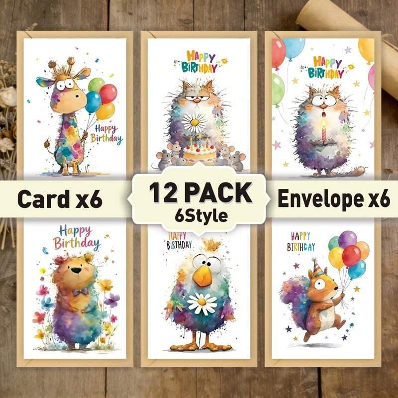 Watercolor Cute Animal Birthday Card Set 6 Cards with Envelopes - Image 1
