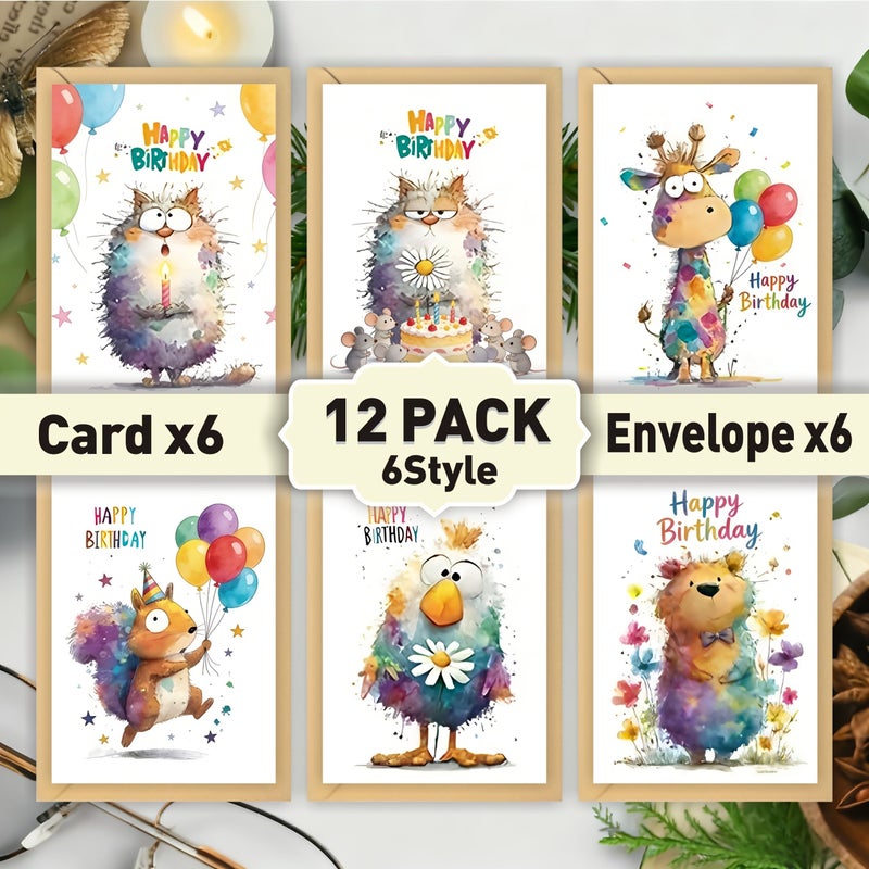 Watercolor Cute Animal Birthday Card Set 6 Cards with Envelopes - Image 5