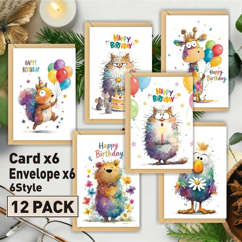 Watercolor Cute Animal Birthday Card Set 6 Cards with Envelopes - Image 2