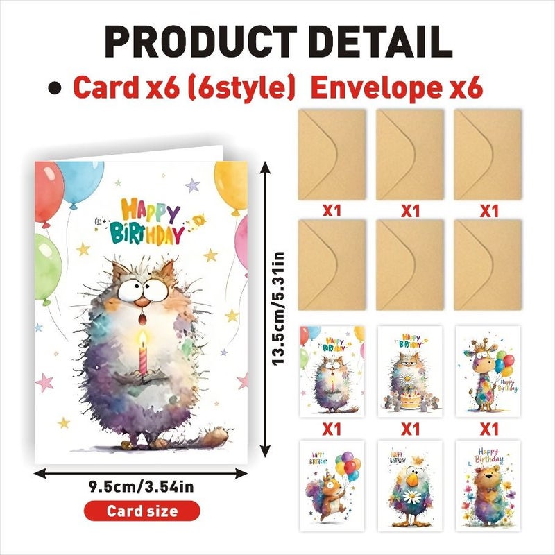 Watercolor Cute Animal Birthday Card Set 6 Cards with Envelopes - Image 3