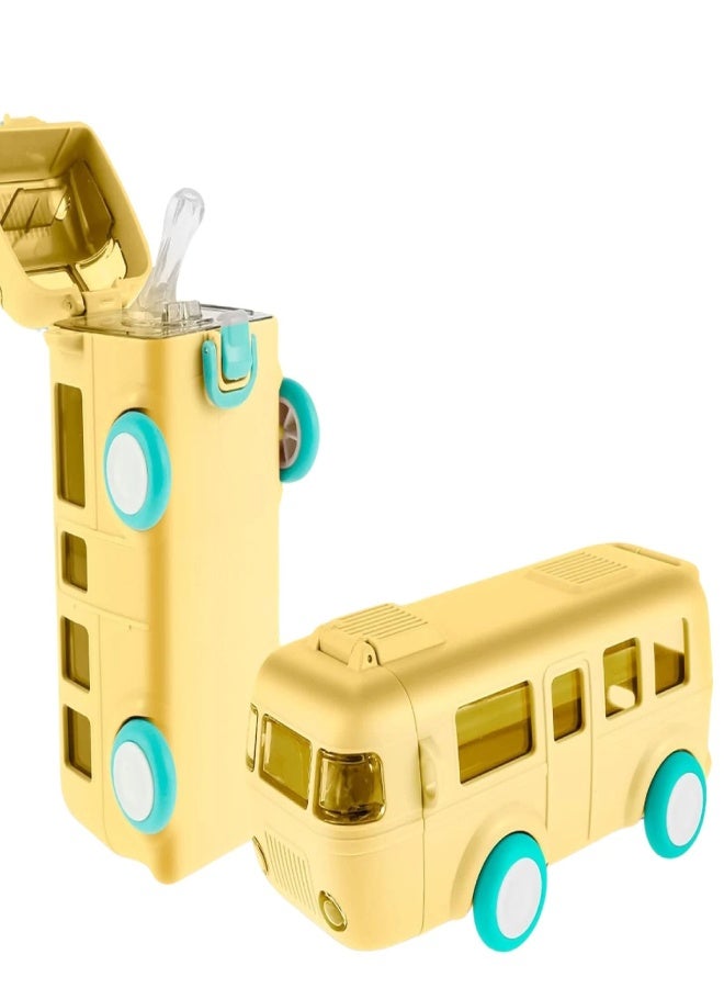 AROAQ School Bus Water Bottle With Wheels，With Shoulder Strap Children'S Small Car Straw Water Cup 500ml (Yellow) - Image 1