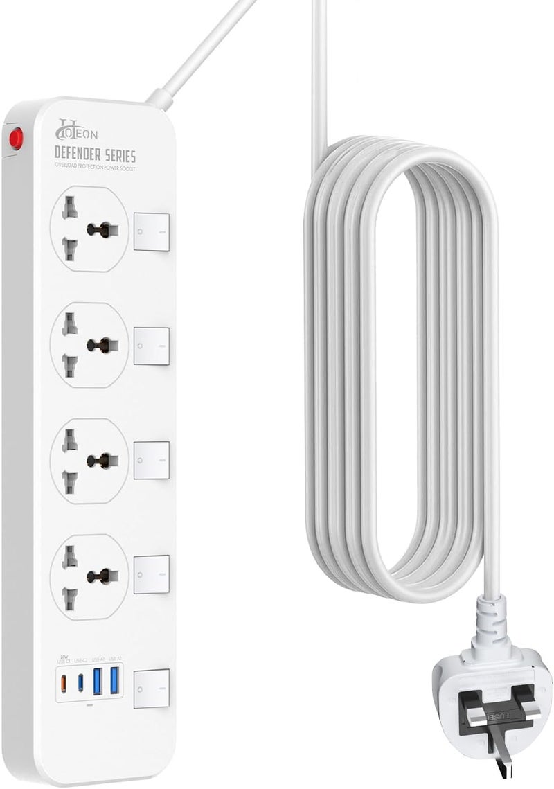 هوتيون لوحة تمديد مع منافذ USB، 2500 واط/10 أمبير، مشترك طاقة، 4 منافذ + 2 USB-A + 1 USB-C، مقابس حماية عالمية من ارتفاع الجهد مع مفتاح فردي وغطاء أمان، كابل بطول 2 متر - Image 1