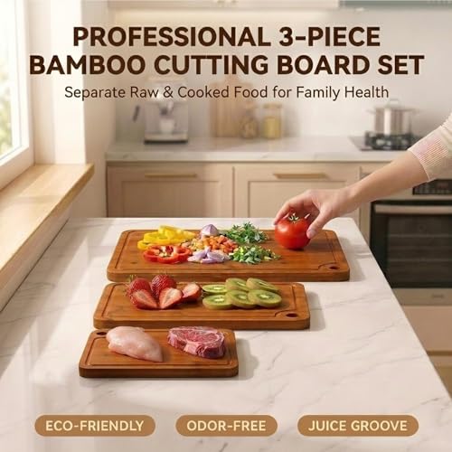 HKKZYT Deep-Carbonized Wood Cutting Board Set, HKKZYT 3 Pack Bamboo Chopping Boards for Kitchen with Side Handles, Charcuterie Board Juice Groove Knife-Friendly for Heavy Duty - Image 3