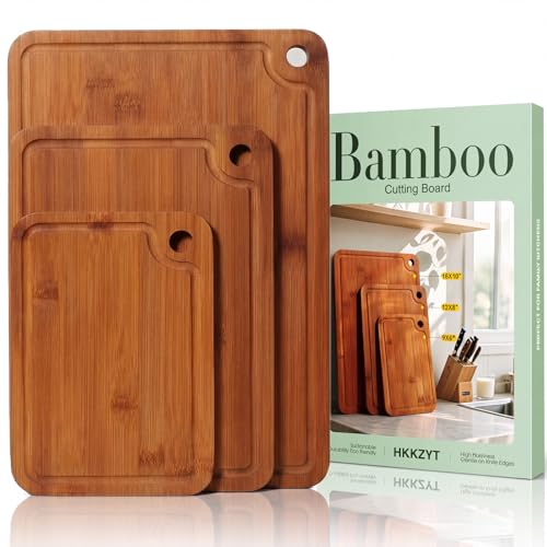 HKKZYT Deep-Carbonized Wood Cutting Board Set, HKKZYT 3 Pack Bamboo Chopping Boards for Kitchen with Side Handles, Charcuterie Board Juice Groove Knife-Friendly for Heavy Duty - Image 1