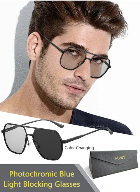 Men's Polarized Square Sunglasses, UV400 Protection Sun Glasses with Aluminum Magnesium Alloy Frame, Color Changing Glasses for Men Driving, Fishing, Golfing, Traveling, Gradient Grey Lens