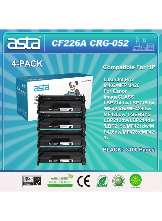 استا 4 عبوات من خراطيش حبر ASTA CF226A 26A CRG052 العالمية متوافقة مع طابعات HP Canon LaserJet Pro 402 MFP M426 ImageClass LBP214Dw LBP215Dw MF424Dw MF429Dw MF426Dw I-SENSYS LBP212Dw LBP214Dw LBP215X MF421Dw MF426Dw MF428X MF429X. CRG-052 CRG 052 جودة طباعة ممتازة، نص واضح، عمليات شراء متعددة، أسعار أكثر ملاءمة، يمكن استخدامها في متاجر الطباعة والمؤسسات. - Image 1