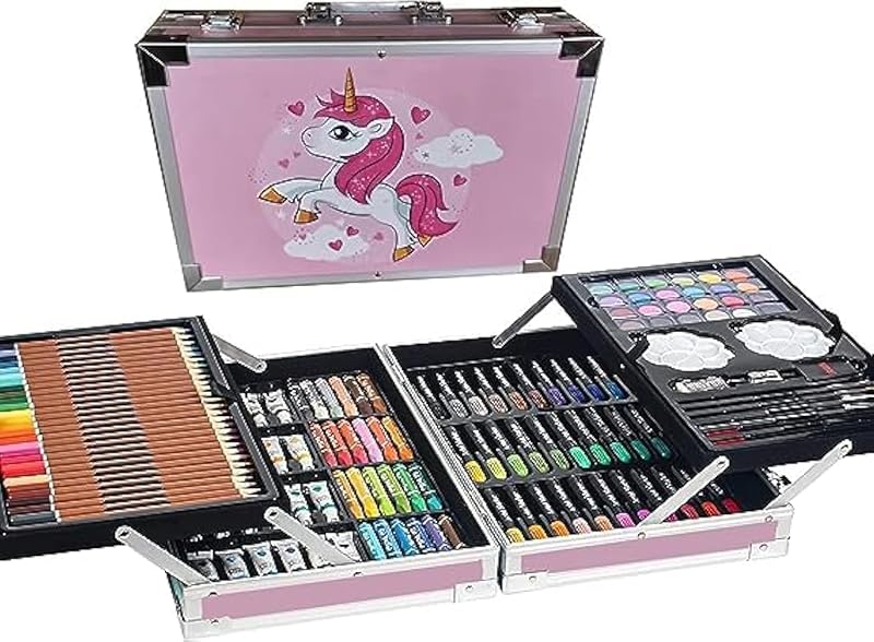 Unicorn Colouring Art Kit 145-Piece Vanity Box Suitcase Supplies Set for Kids Portable Aluminum Case Art Kit Great Gift for Teens Adults Beginners Artists (Unicorn Pink)