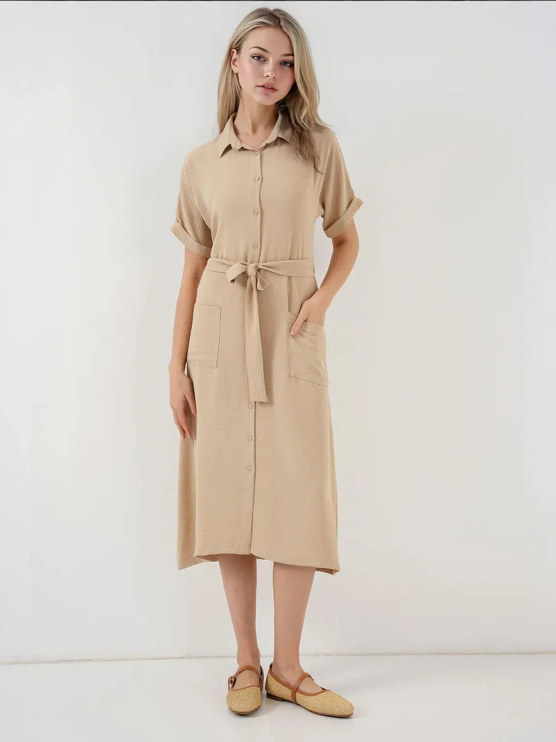 BIG DART BDART Textured Midi Dress with Shirt Collar and Pockets