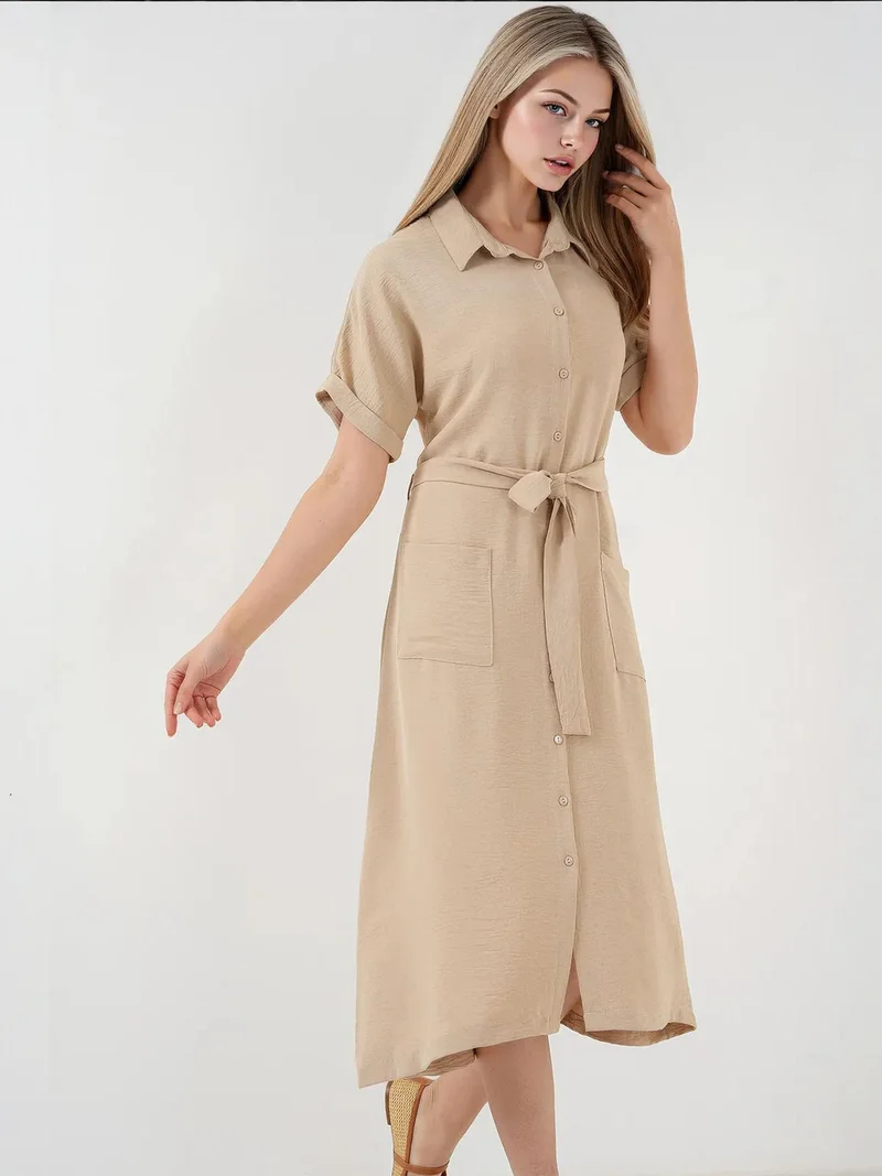 BIG DART BDART Textured Midi Dress with Shirt Collar and Pockets