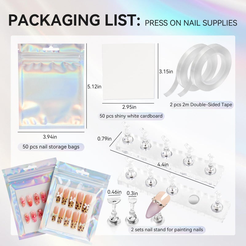 ESUOHYM 50 PCS Nails Packaging Bags with Nail Stand for Fake Nail, Holographic Press On Nail Storage Container Nail Art Kit for Diy Design,Nail Cardboards with 2 Double-sided Adhesive Tape Salon Home - Image 2