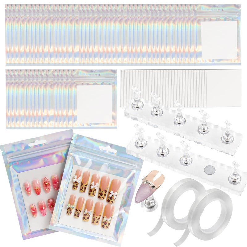 ESUOHYM 50 PCS Nails Packaging Bags with Nail Stand for Fake Nail, Holographic Press On Nail Storage Container Nail Art Kit for Diy Design,Nail Cardboards with 2 Double-sided Adhesive Tape Salon Home - Image 1