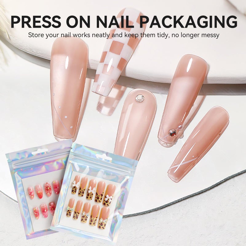 ESUOHYM 50 PCS Nails Packaging Bags with Nail Stand for Fake Nail, Holographic Press On Nail Storage Container Nail Art Kit for Diy Design,Nail Cardboards with 2 Double-sided Adhesive Tape Salon Home - Image 4