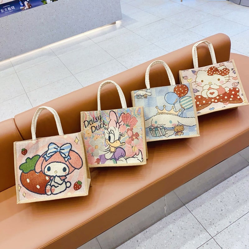 Linen Tote Bag With Jacquard Embroidery, Cartoon Handbag, Fresh Style, Large Capacity Bag, Women'S Bag, Printed Portable Handbag - Image 2