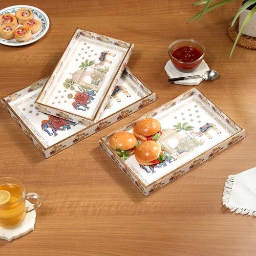 DULI Set of 3 MDF Wood Trays Enamel Coated| Rectangle Trays Set of 3 | Serving Trays | Wooden Tray | Kitchen&Dining Decorative | Resin Tray | 12x8 11x7 & 10x6 inches (SmSetof3Rct-CamelElephant) - Image 1