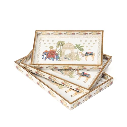 DULI Set of 3 MDF Wood Trays Enamel Coated| Rectangle Trays Set of 3 | Serving Trays | Wooden Tray | Kitchen&Dining Decorative | Resin Tray | 12x8 11x7 & 10x6 inches (SmSetof3Rct-CamelElephant) - Image 3