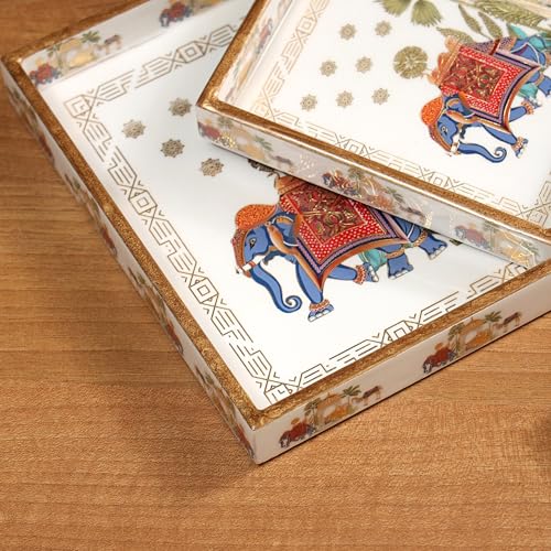 DULI Set of 3 MDF Wood Trays Enamel Coated| Rectangle Trays Set of 3 | Serving Trays | Wooden Tray | Kitchen&Dining Decorative | Resin Tray | 12x8 11x7 & 10x6 inches (SmSetof3Rct-CamelElephant) - Image 2