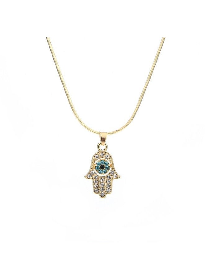 Meiligo Fashion Womens Hip-hop Blue Evil Eye Necklace Jewelry Rhinestone Protective Hand of Fatima Palm Pendant Necklace (Gold) - Image 1