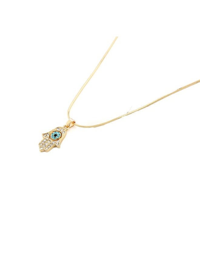 Meiligo Fashion Womens Hip-hop Blue Evil Eye Necklace Jewelry Rhinestone Protective Hand of Fatima Palm Pendant Necklace (Gold) - Image 3