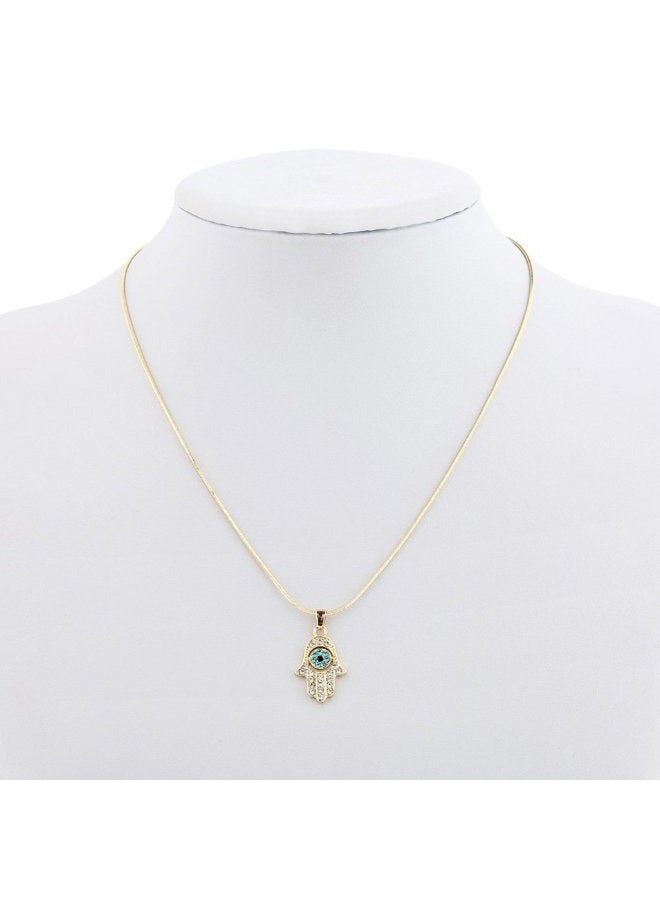 Meiligo Fashion Womens Hip-hop Blue Evil Eye Necklace Jewelry Rhinestone Protective Hand of Fatima Palm Pendant Necklace (Gold) - Image 2
