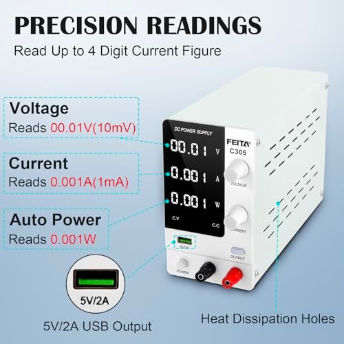 FEITA DC Power Supply Variable, 30V 5A Adjustable High Precision Bench Lab Power Supplies with 4-Digits LED Display, Encoder Knob, Output Switch/OCP, USB Interface for Anodizing & Electroplating Kit - Image 5