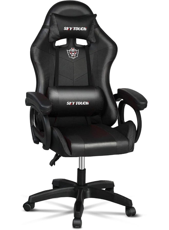 SKY-TOUCH كرسي ألعاب، كرسي كمبيوتر قابل للتعديل لمكتب بي سي، جلد PU عالي الظهر، تصميم مريح مع دعم قطني، مسند ذراع مريح ومسند رأس، أسود - Image 1