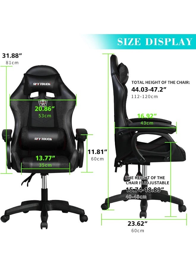 SKY-TOUCH كرسي ألعاب، كرسي كمبيوتر قابل للتعديل لمكتب بي سي، جلد PU عالي الظهر، تصميم مريح مع دعم قطني، مسند ذراع مريح ومسند رأس، أسود - Image 3