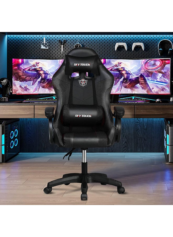 SKY-TOUCH - Gaming Chair，Adjustable Computer Chair Pc Office Pu Leather High Back, Ergonomic design Lumbar Support,Comfortable Armrest Headrest，Black - Image 1