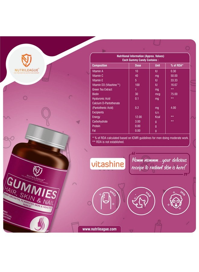 Nutrileague Nutrileague Hair, Skin & Nail Gummies With Biotin, Hyaluronic Acid & Pantothenic Acid For Men & Women| 30 Gummies | For Hair Growth, Flawless Skin & Healthy Nails | Yummy Gummies , Big Nutrition & Enhance Your Beauty. (Nutrileague Now In India)(Pack Of 2)  - Image 2