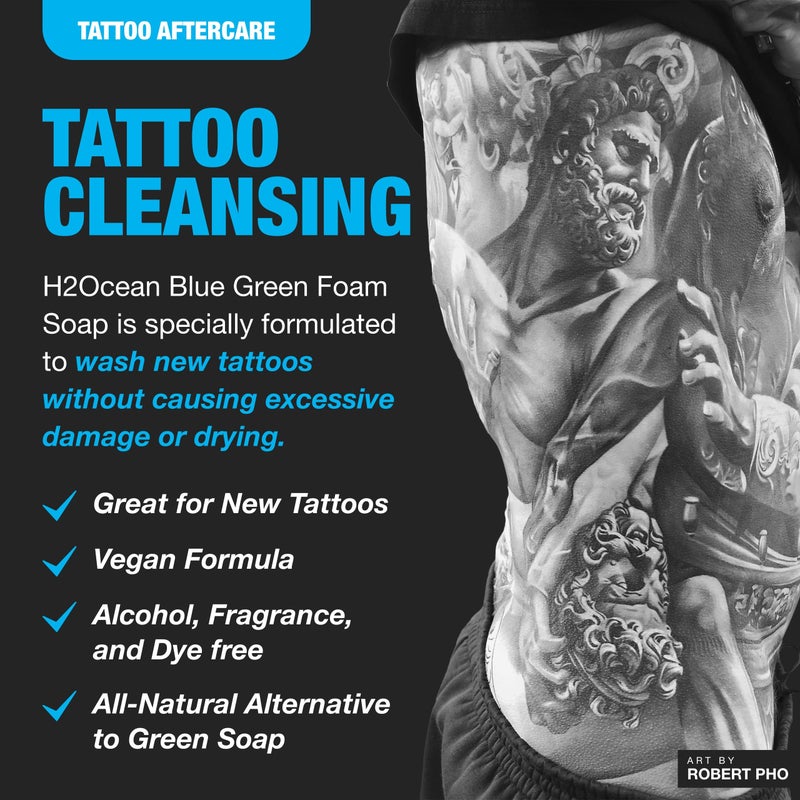 H2Ocean Blue Green Foam Soap - Tattoo Foam Antibacterial Soap for Tattoo Aftercare - Tattoo Care with Aloe Vera - Travel-Size Tattoo Moisturizer Soap - 1.7 oz - Image 2