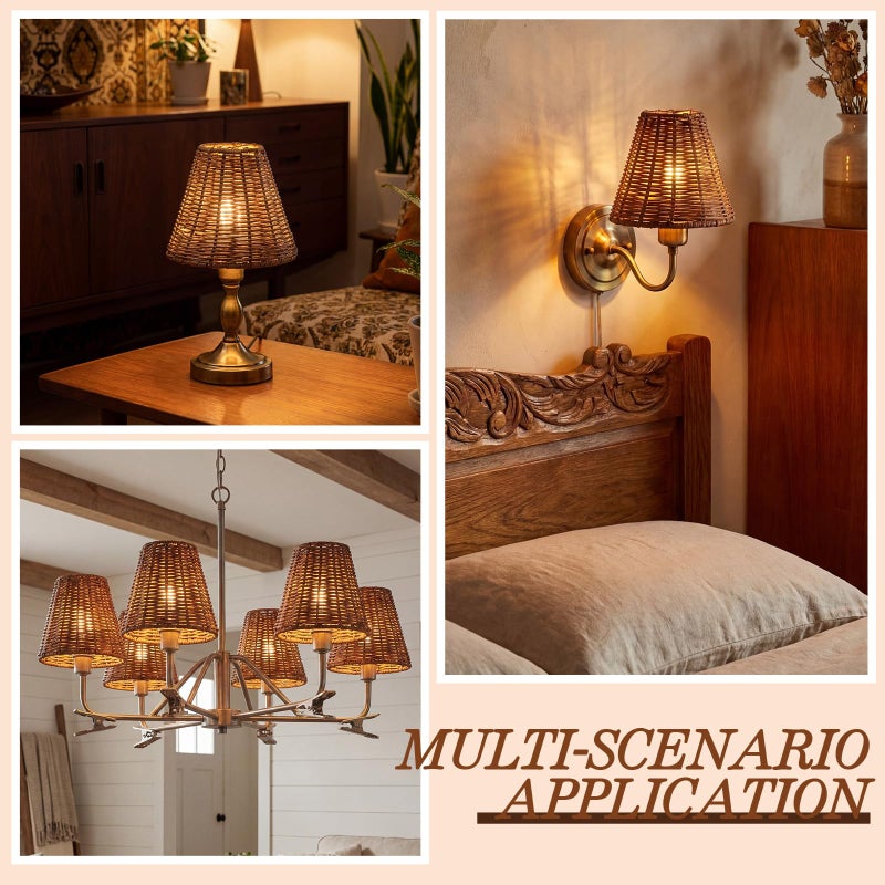 Kittmip Rattan Lamp Shade Set of 6 Natural Rattan Clip-on Chandelier Lampshade Mini Handmade Woven Vintage Boho Farmhouse Wicker Table Light Cover for Candle Bulb(3.15" Top x 6" Bottom x 5.3" Height) - Image 5