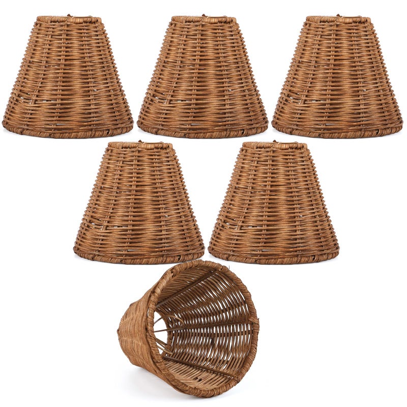 Kittmip Rattan Lamp Shade Set of 6 Natural Rattan Clip-on Chandelier Lampshade Mini Handmade Woven Vintage Boho Farmhouse Wicker Table Light Cover for Candle Bulb(3.15" Top x 6" Bottom x 5.3" Height) - Image 1