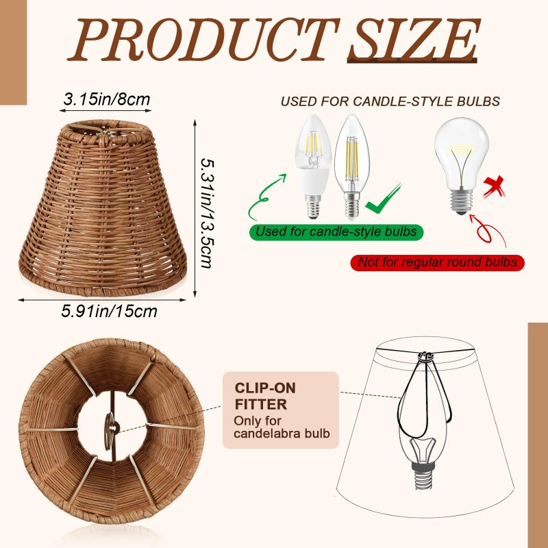 Kittmip Rattan Lamp Shade Set of 6 Natural Rattan Clip-on Chandelier Lampshade Mini Handmade Woven Vintage Boho Farmhouse Wicker Table Light Cover for Candle Bulb(3.15" Top x 6" Bottom x 5.3" Height) - Image 2