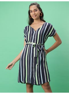 Freehand Women Casual Straight Striped Printed V-Neck Mid Dress  - Image 3