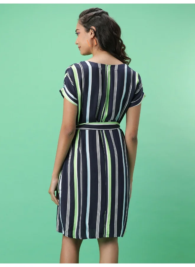 مرفوعة Women Casual Straight Striped Printed V-Neck Mid Dress