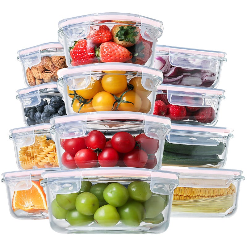 HOMBERKING 24pc Glass Food Storage Containers with Lids Glass Meal Prep Containers Airtight Glass Bento Boxes BPA Free Leak Proof Pantry Kitchen Storage12 lids 12 Containers Pink