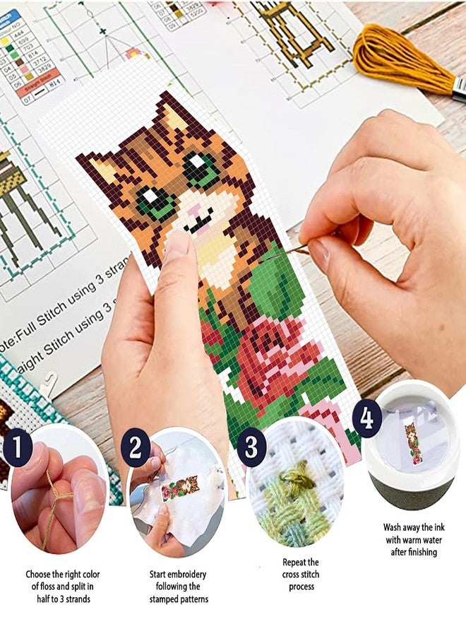FREEBLOSS 6 Set Cat Cross Stitch Bookmark Kits Rose Pattern Stamped Cross Stitch Kit DIY Embroidery Kit Bookmark Craft Kit with Instructions for Beginners 6x20cm - Image 4