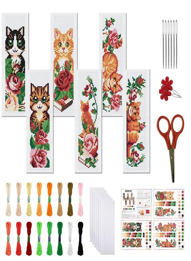 FREEBLOSS 6 Set Cat Cross Stitch Bookmark Kits Rose Pattern Stamped Cross Stitch Kit DIY Embroidery Kit Bookmark Craft Kit with Instructions for Beginners 6x20cm - Image 1
