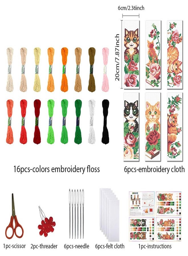 FREEBLOSS 6 Set Cat Cross Stitch Bookmark Kits Rose Pattern Stamped Cross Stitch Kit DIY Embroidery Kit Bookmark Craft Kit with Instructions for Beginners 6x20cm - Image 2