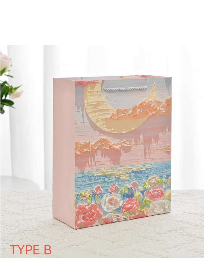 10 Pieces Luxury Ramadan Eid Gift Bags Foldable Reusable Paper Bags Creative 3D Oil Painting the Flowers under the Moon Pattern Thick White Cardboard - Image 2